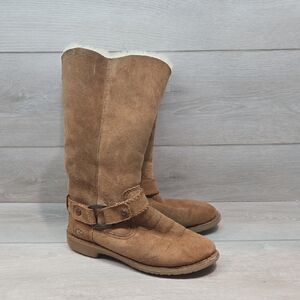 Ugg Australia Women Brown Suede Tall Boots Riding Sheepskin Shoes Sz 8